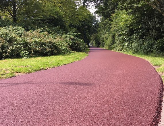 Rood fietspad in bos